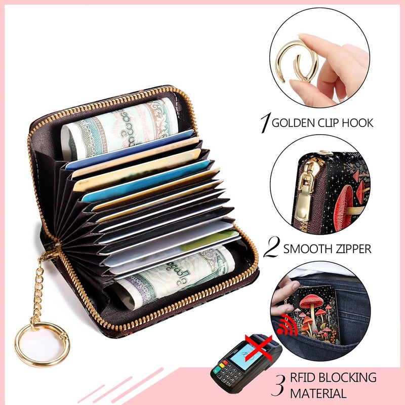 Blusabaca RFID Credit Card Holder Wallets for Women, Small Card Case Wallet with Keychain and Zipper, Mushrooms Leather Card Holder Pocket Business Card Accordion Wallet - Image 5